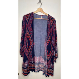 Exhilaration Boho Shrug Blue Red Flutter Sleeve XS/S